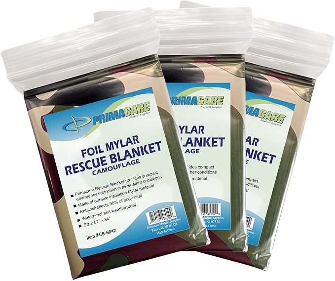 Primacare CB-6842-10 Pack of 10 Emergency Foil Mylar Thermal Blanket Camouflage, 84" Length x 52" Width