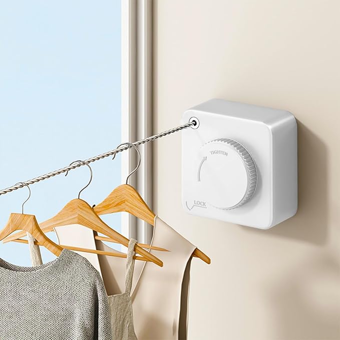 Retractable Clothesline Indoor & Outdoor, 16.2 Ft Non-Sagging Stainless Steel Laundry Washing Line with Wall Mounted Heavy Duty Design, Space-Saving Clothing Drying Rack (1, White)