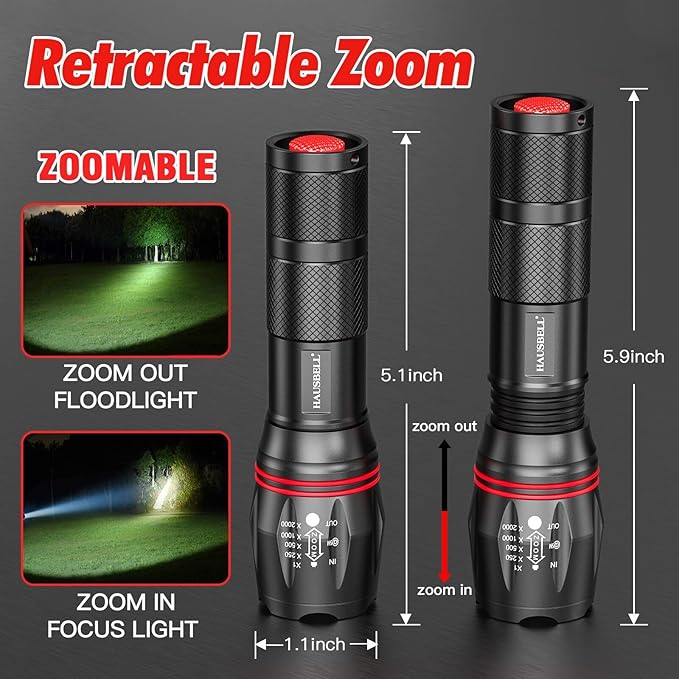 HAUSBELL LED A100 Flashlight Bright, Zoomable Tactical Flashlights Flash Light with High Brightness and Five Modes for Emergency and Outdoor Use Camping Accessories, 2 Pack