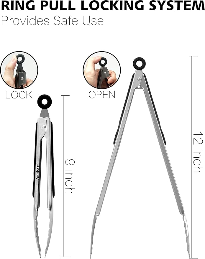 Anaeat Premium Stainless Steel Kitchen Tong Set of 2 - Sturdy Coiled Spring 9" and 12" Locking Food Tong with Non-Slip Silicone Grip for Cooking, Baking, Grilling, BBQ - Heat Resistant up to 480°F