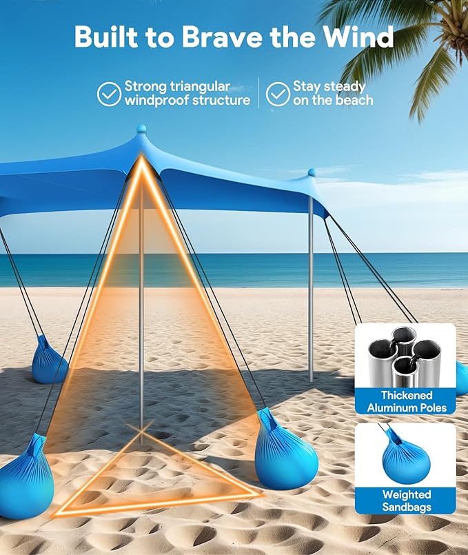Beach Tent Sun Shelter, 10 x 10 FT Beach Canopy Tent Sun Shade, UPF50+ Tents Canopy with 8 Sandbags & 4 Stability Poles, Outdoor Tents for Camping Fishing, Sky Blue