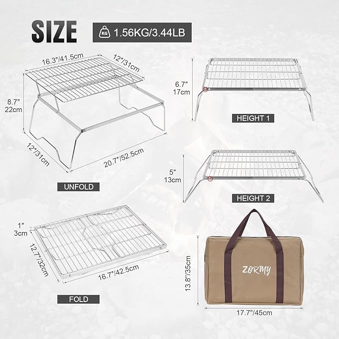 ZORMY 17" Large Folding Campfire Grill, 304 Stainless Steel Firepit Grill Grate, Heavy Duty Portable Camping Grill with Carrying Bag, Gas BBQ Grill Grate for Backpacking, Hiking, Picnics (Double)