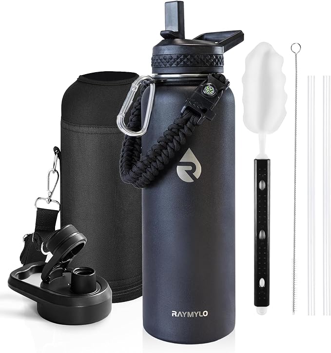 Insulated Water Bottle 40 oz, Triple Wall Vacuum Stainless Steel (Cold for 48 Hrs), Leak Proof & Non-BPA, Modern Water Flask Jug with Paracord Handle & Straw Spout Lids, Magic Black