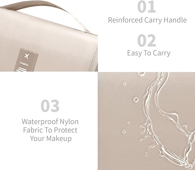 Lcsmaokin Large Capacity Toiletry Bag Travel Bag with Hanging Hook for Men and Women Waterproof Travel Cosmetic Bag Bathroom Storage Bag for Brushes Set, Full-Sized Shampoo,Accessories(Beige)