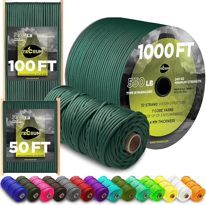 TECEUM 5/32" Paracord Rope 1000 – 1000ft / 200ft / 100ft / 50ft – Tactical Parachute Cord 4mm – 45+ Colors – Nylon String for Survival & Camping Gear – Stripe Cord for Survival – Utility Rope
