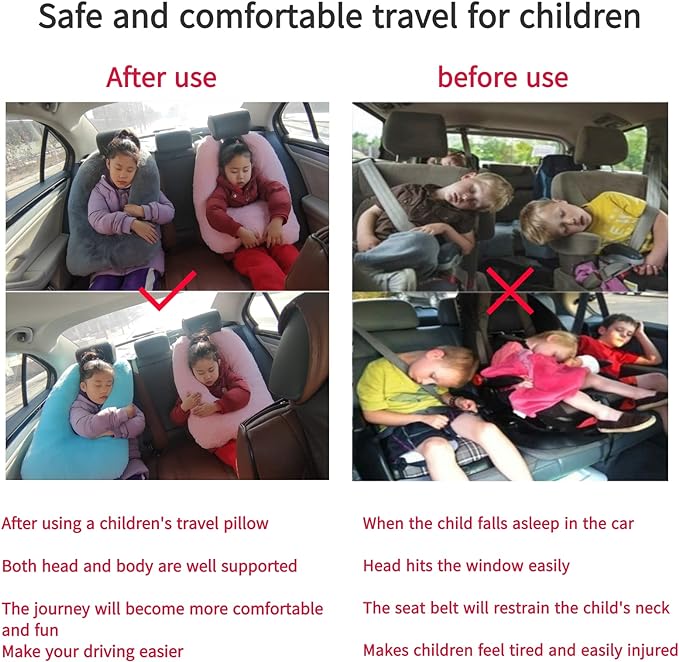 Travel Pillow Car Pillow Kid Car Sleeping The Sleeping Aid for Adults and Kids on Road Trips Sponge Kids Travel Pillow Provides Body and Head Support Pink