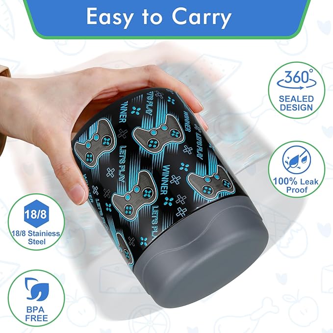 12oz Soup Thermo for Hot Food Kids Insulated Food Jar Wide Mouth Lunch Container Leak Proof Stainless Steel Vacuum for School Office Travel Outdoors Black-Gamepad