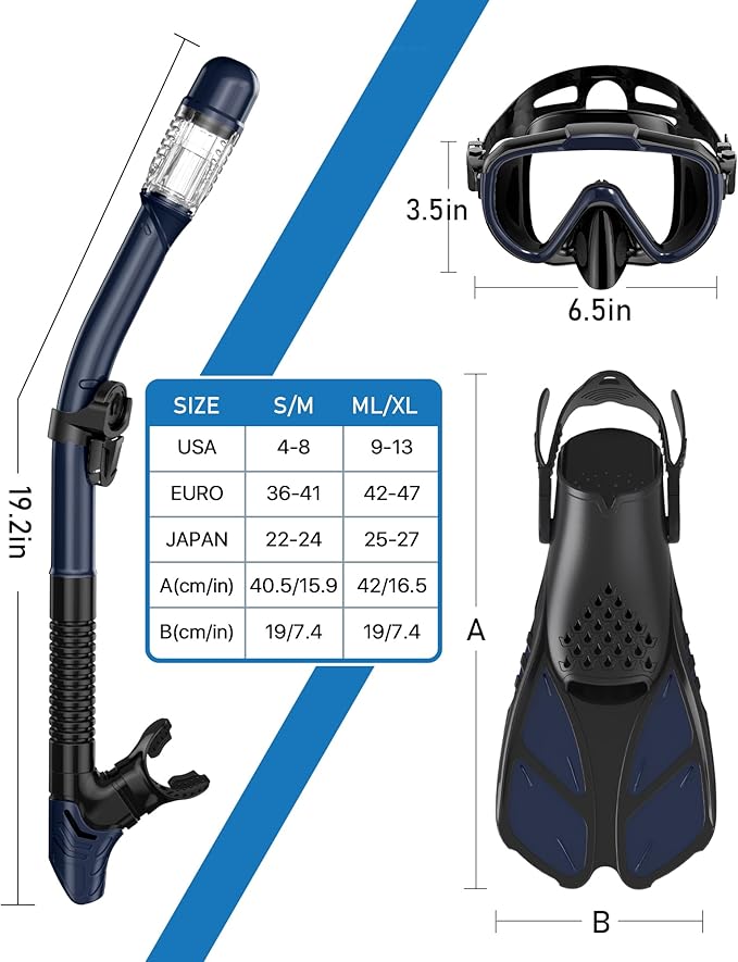 Snorkeling Gear for Adults Men Women,4 in 1 Snorkel Set with Panoramic View Diving Mask Anti-Fog Anti-Leak,Dry Top Snorkel,Fins and Travel Bag for Swimming,Snorkeling and Travel Diving