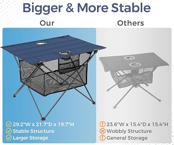Lightweight Portable Camping Table with 2 Cup Holders - Collapsible Compact Canvas Beach Table/Side Table for Lawn Fishing & Outdoor, Large Capacity Storage, 29.2" W x 21.7" D (Blue)