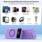 Wireless Portable Charger 40800mAh for iPhone with 3 Built-in Cables,7-in-1 15W Wireless Charging USB C Power Bank,LCD Display 25W PD QC 4.0 Fast Charging Battery Pack for iPhone 16/15/14/13 -Purple