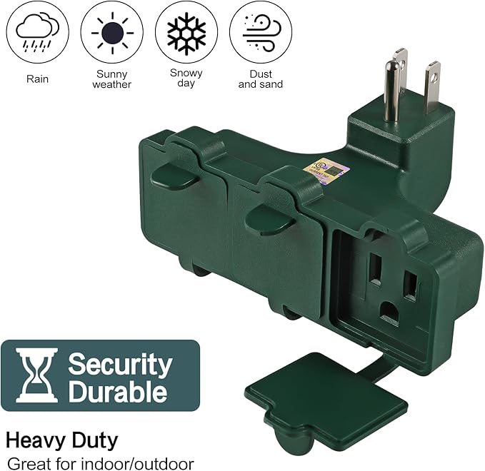 3-Prong Grounded Outdoor Wall Adapter, UL Listed Outlet Splitter, Weatherproof Heavy Duty Multi Power Plug Extender with Dust-Proof Cover, Green (2 Pack)