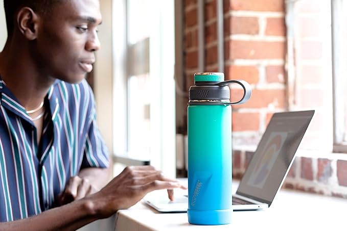 EcoVessel Stainless Steel Water Bottle with Insulated Dual Lid, Insulated Water Bottle with Strainer and Silicone Bottle Bumper, Coffee Mug – 20oz (White Out)