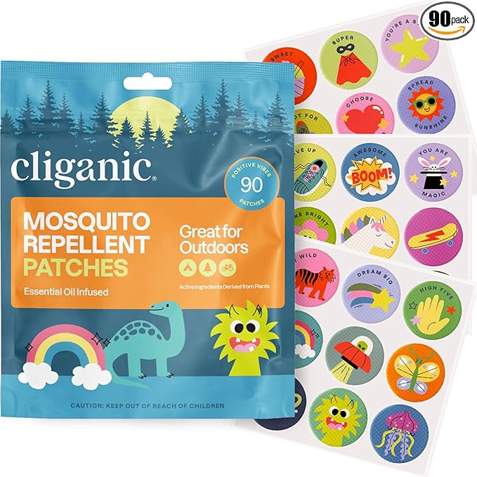 Cliganic Mosquito Repellent Stickers (90 Pack) - Positive Vibes Patches for Kids, Natural DEET-Free, Essential Oil Infused