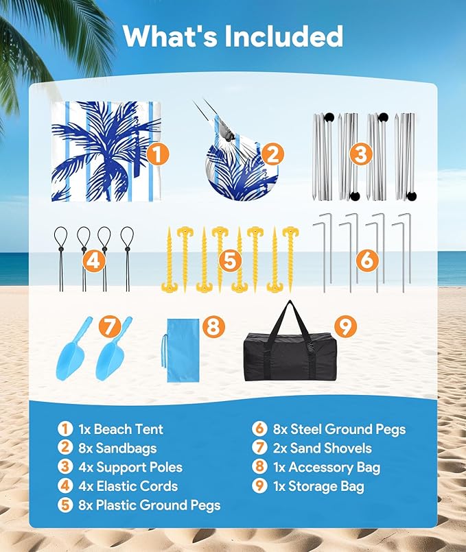 Beach Tent Sun Shelter, 10 x 10 FT Beach Canopy Tent Sun Shade, UPF50+ Tents Canopy with 8 Sandbags & 4 Stability Poles, Outdoor Tents for Camping Fishing, Coconut Tree