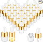 100 Pcs Mini Glass Oil Dropper Bottle Bulk, Clear Essential Small Empty Bottles Sample Containers Perfume Liquid Vials with Cap for Traveling (1 ml,Gold)