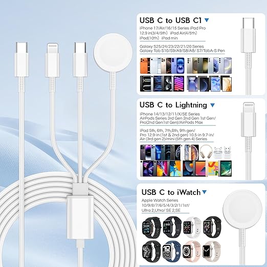 Upgraded Apple Watch Charger, 3 in 1 Magnetic iWatch Charger to USB C Cable 3ft with USB C Block for iWatch Series Ultra 3/2/SE 3/11/10/9/8/7/6/5/4/iPhone17 15 16 Pro Max/14/13/12/11