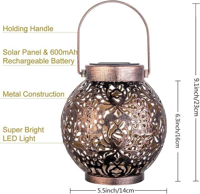 Outdoor Solar Hanging Lantern Lights Metal LED Decorative Lamp for Garden Patio Courtyard Lawn and Table with Hollowed-Out Design (Bronze)