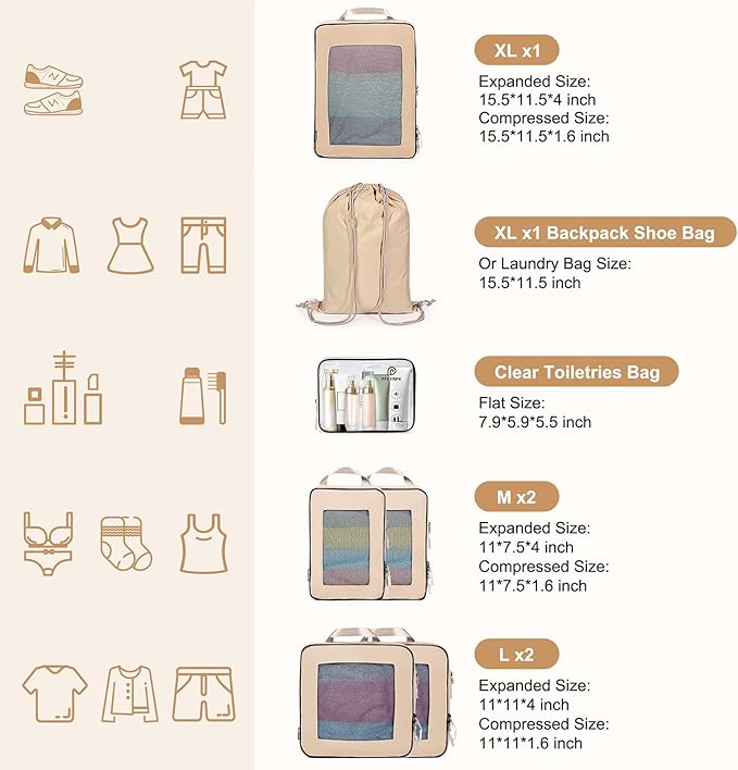 7 Set Compression Packing Cubes Packing Organizer for Travel,Travel Accessories for Carry on Luggage Suitcase Backpack Expandable Organizers