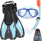 Youth Snorkel Set for Ages 7-16, Snorkeling Gear for Kids with Panoramic View Mask Anti-Fog Anti-Leak Full Dry Top Snorkel Fins Travel Bag for Swimming Diving