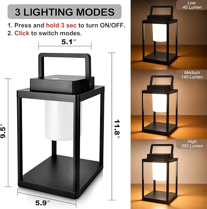 Aluminum Outdoor Table Lamp - Rechargeable 350 Lumen 3 Level Touch Control, IP44 Waterproof Cordless Outdoor Lamps Table Lantern with USB Port for Patio(3000K Warm White)