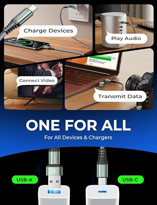 AINOPE USB C to USB C Cable, 2 Pack 10 FT USB C Cable Fast Charging with USB to USB C Adapter, 60W USB to USBC Cable for iPhone 17 Pro Max Air Type C Cable for iPhone 16/15/14/13/12, Grey