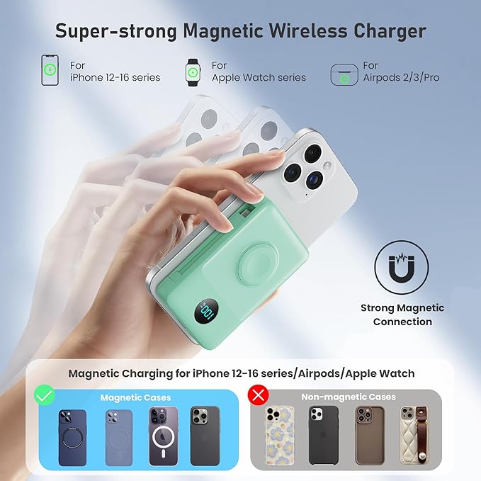 Magnetic Portable Charger for iPhone with Built-in Cables, 6-in-1 10800mAh Power Bank with iWatch Charger & LCD Display,25W Fast Charging Battery Pack for iPhone 16/15/14/13/12,Apple Watch (Green)