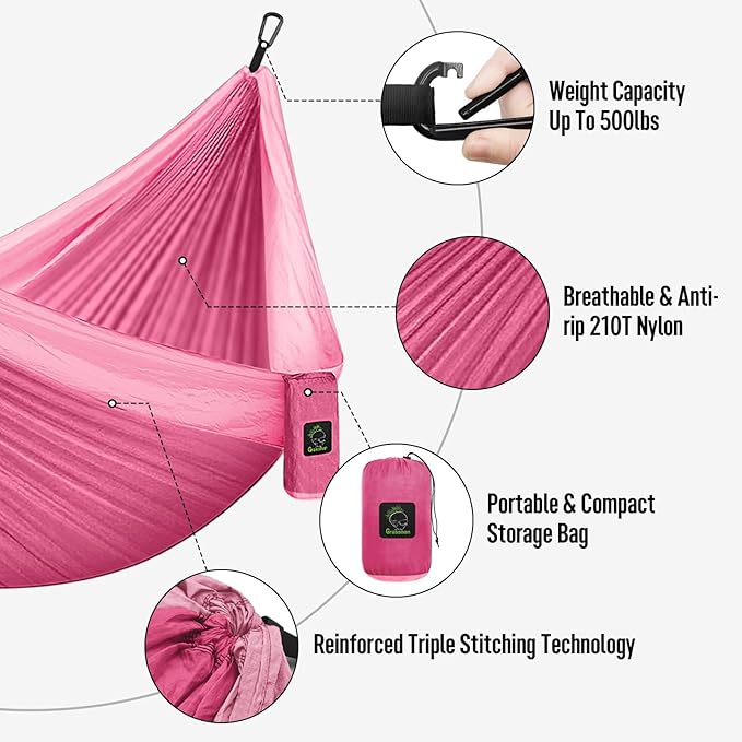 Grassman Camping Hammock Double & Single Portable Hammock with Tree Straps, Lightweight Nylon Parachute Hammocks Camping Accessories Gear for Indoor Outdoor Backpacking, Travel, Hiking, Beach