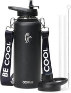 Coolflask 40 oz Water Bottle with Strap, Insulated Metal Water Flask with Straw & Spout Lids, Stainless Steel Double Wall Vacuum, Keep Cold 48h Hot 24h, Leak Proof & Non-BPA, Magic Black