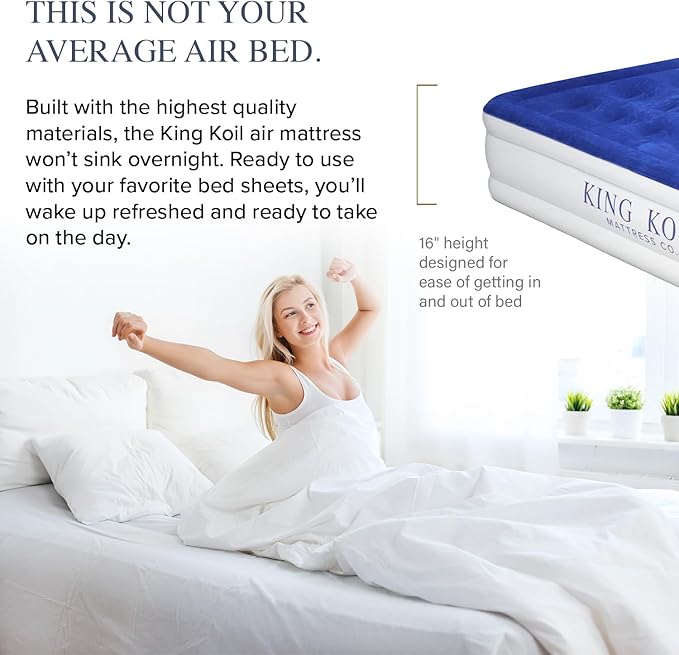 King Koil Luxury Pillow Top Plush Queen Air Mattress with Built-in High-Speed Pump Best for Home, Camping, Guests, 16" Queen Size Double Airbed Adjustable Blow Up Mattress, Waterproof, 1-Year Warranty