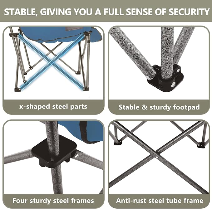 Colegence Oversized XL Padded Camping Chair Wide Heavy Duty Lawn Chairs Support 450 LBS Portable Folding Gaint Plus Camp Chair with Side Pocket Cup Holder for Outdoor Outside Sports Baseball-Blue