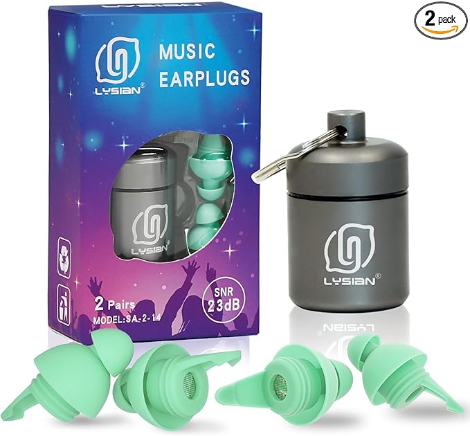 LYSIAN High Fidelity Concert Ear Plugs, 23dB Noise Reduction Musician Earplugs for Concerts, Festivals & Raves, Reusable Soft Earplugs with Aluminum Case, 2 Pairs Aqua