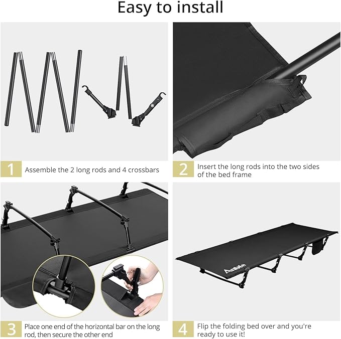 Ultralight Camping Cot Save Effort, Comfortable Camping Bed Supports 275 Lbs with Side Pocket, Compact Portable Backpacking Cot for Hiking, Travel, Truck, Beach, Office, Black