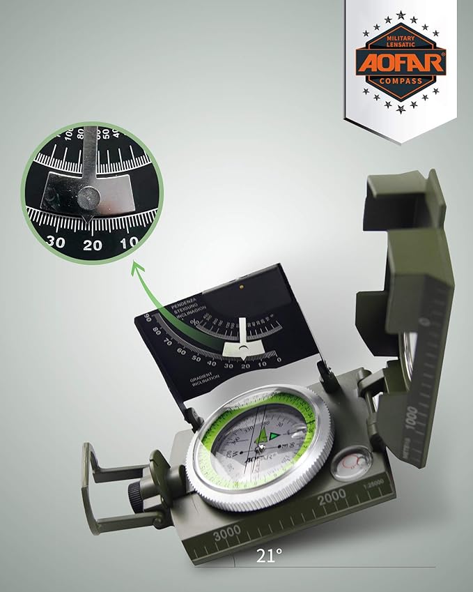 AOFAR AF-4074 Military Compass for Hiking,Lensatic Sighting Waterproof,Durable,Inclinometer for Camping,Boy Scount,Geology Activities Boating
