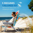 5-Position Aluminum Lay Flat Backpack Beach Chair, Compact Portable Low Beach Chairs for Adults with Cooler Pouch, Storage Pouch, Towel Bar, Cup Holder & Phone Holder, Multicolor Stripe