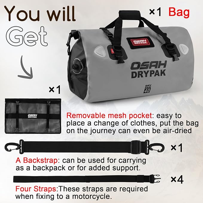 Waterproof Duffel Bag - Motorcycle Dry Bag Tail Bag with Large Storage Space, Waterproof Luggage Duffle Bags with Outer Mesh Zipper Pocket for Camping, Kayaking, Fishing & Traveling