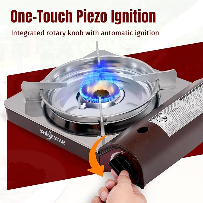 SHINESTAR 14000 BTU Butane Camping Stove, Double Wind-Guard Portable Stove for Outdoor Cooking, Carrying Case Included, Brown