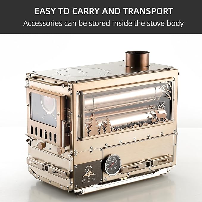 Stainless Steel Portable Wood Burning Stove with Oven & Camping Table, 6 Chimney Pipe for Outdoor Camping, Cooking, Tents, BBQ, Hiking, Fishing, Backpacking