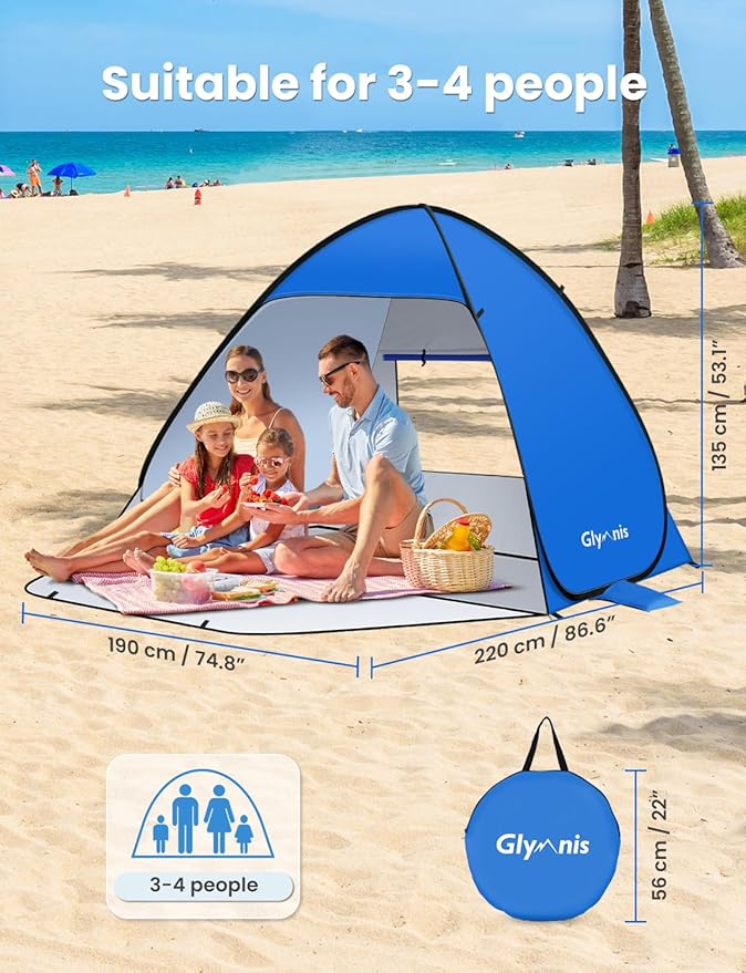 Glymnis Pop Up Beach Tent Beach Shade Tent for 1-4 Persons Sun Shelter UPF 50+ Enclose Zipper Door Portable Easy Up Beach Tent
