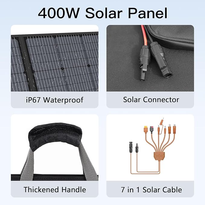 400W Portable Solar Panel, Lightweight Foldable Solar Panels Complete with an Adjustable Kickstand, IP67 Waterproof Solar Charger for Outdoor Camping, Portable Power Station, Motorhome, RV