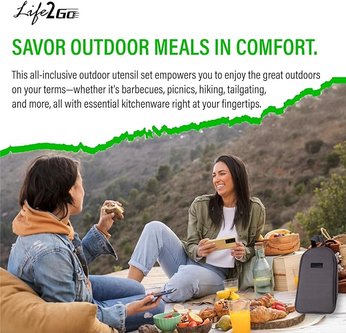 Life2Go 12 Piece Camp Cooking Utensil Set & Outdoor Kitchen Gear Cookware Kit, Portable Compact Carry Case for Camping, Hiking, Travel, BBQ Grilling Stainless Steel Accessories Spoon & Fork, Gray