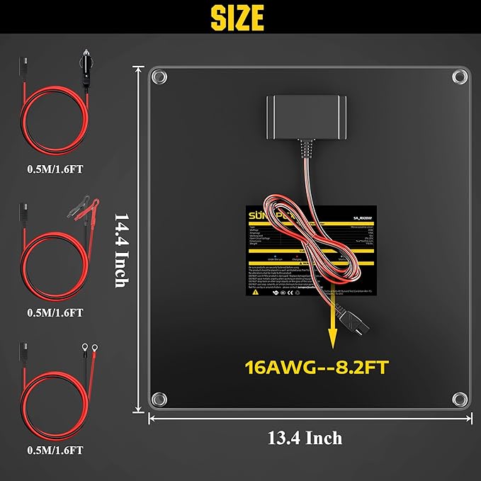 SUNAPEX 20W 12V Solar Panel Battery Charger Maintainer, Portable Waterproof Solar Trickle Charger with Built-in Charge Controller, Cig Plug, Alligator Clips, O-Rings for Car, Truck,Tractor, Boat, etc
