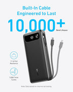 Anker Power Bank, 20,000mAh Travel Essential Portable Charger with Built-in USB-C Cable, 3-Port 87W Max Fast Charging Battery Pack, for MacBook, iPhone 16/15 Series, Samsung, Switch, and More