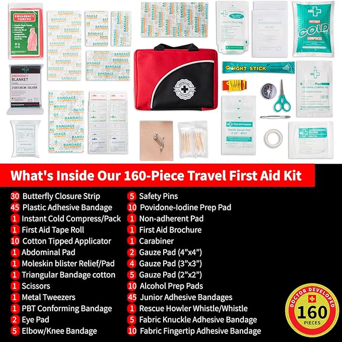 Protect Life Survival First Aid Kit for Home/Business, Camping Survival Kits | Mini Travel First Aid Kit | Camping Equipment | Small Kits for Car | Outdoor Emergency Survivals Pack - 160pcs