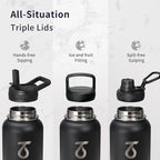 Trebo 32 oz Water Bottle Insulated with Paracord Handle and 3 Lids, Leakproof Stainless Steel Vacuum Water Jug Keep Cold 48 Hours, BPA-Free Gym Water Flask for Men Women Sports, Travel, Dark Gray