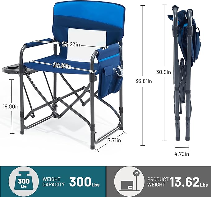 Camping Chairs Directors Chair with Side Table, Mesh Backrest Folding Lawn Chairs with Pocket, Foldable Camp Chair for Outdoor, Picnic, Sports and Fishing, Blue