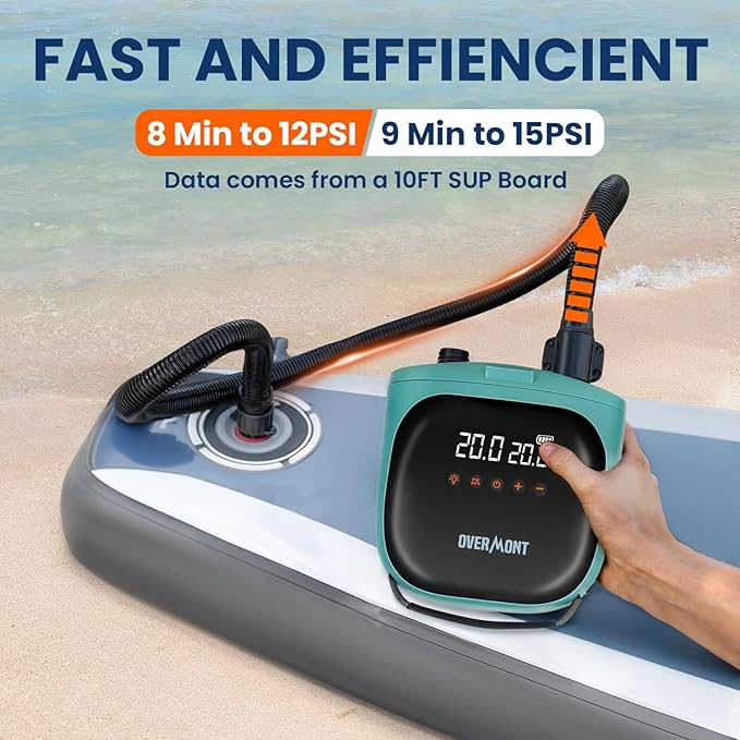 Overmont Paddle Board Pump Electric Portable, 20PSI Rechargeable SUP Air Pump with Auto-Off, Fast Dual Stage Inflation & Deflation, LCD Display, 12V Car Adapter for Inflatables, Kayaks, Boats, Tents