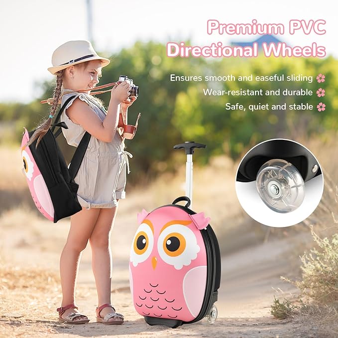 HONEY JOY Kids Luggage, 12” Children Hardshell Backpack & 16” Toddler Travel Rolling Suitcase, 2 Pcs Lightweight Carry On Luggage Set, Kids Luggage with Wheels for Girls & Boys(Pink Owl)