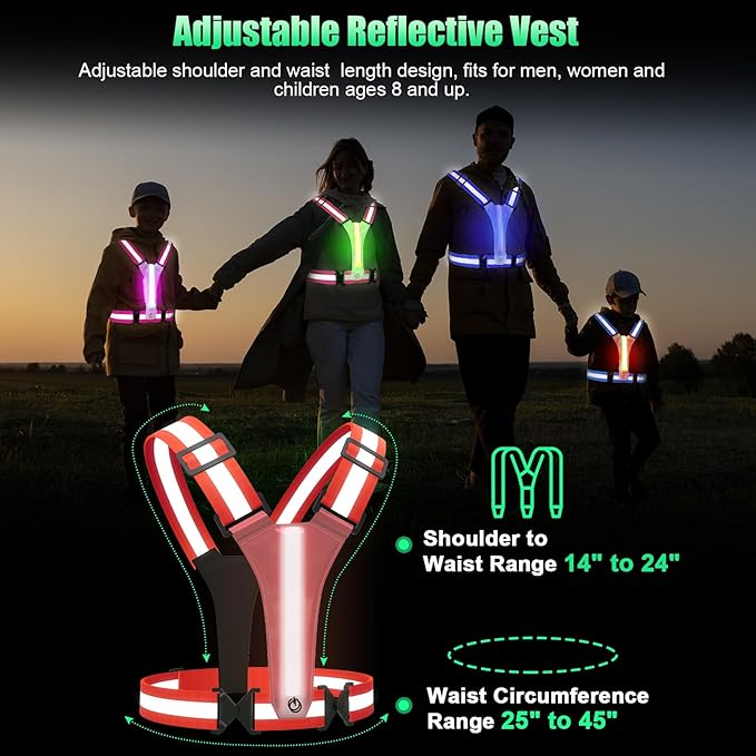 LED Reflective Vest Running Gear, 5 Colors Lights Up Running Vest for Night Walking Cycling Jogging, Adjustable Size for Men Women Kids, Rechargeable and High Visible