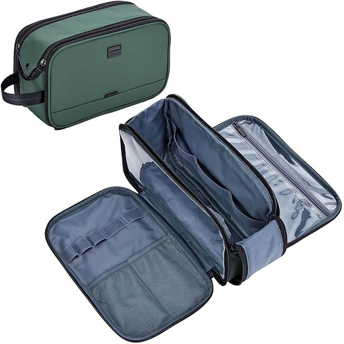 ZEEMO Travel Toiletry Bag for Men, Medium Water-Resistant Double-Sided Full-Open Dopp Kit, Versatile Organizer for Shower and Hygiene Accessories, Bathroom Essentials, Cosmetics, Green