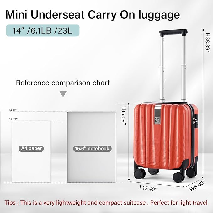 Hanke 14 Inch Underseat Carry On Luggage with Wheels Hard Shell Suitcases Lightweight Small Luggage for Weekender Mini Suitcase Carry On Bag Travel Luggage for Travel Rolling Suitcase.(Orange)
